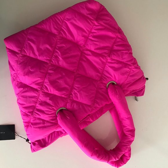 Zara Fuchsia Hot Pink Neon Quilted Shopper Tote NWT - Picture 9 of 11
